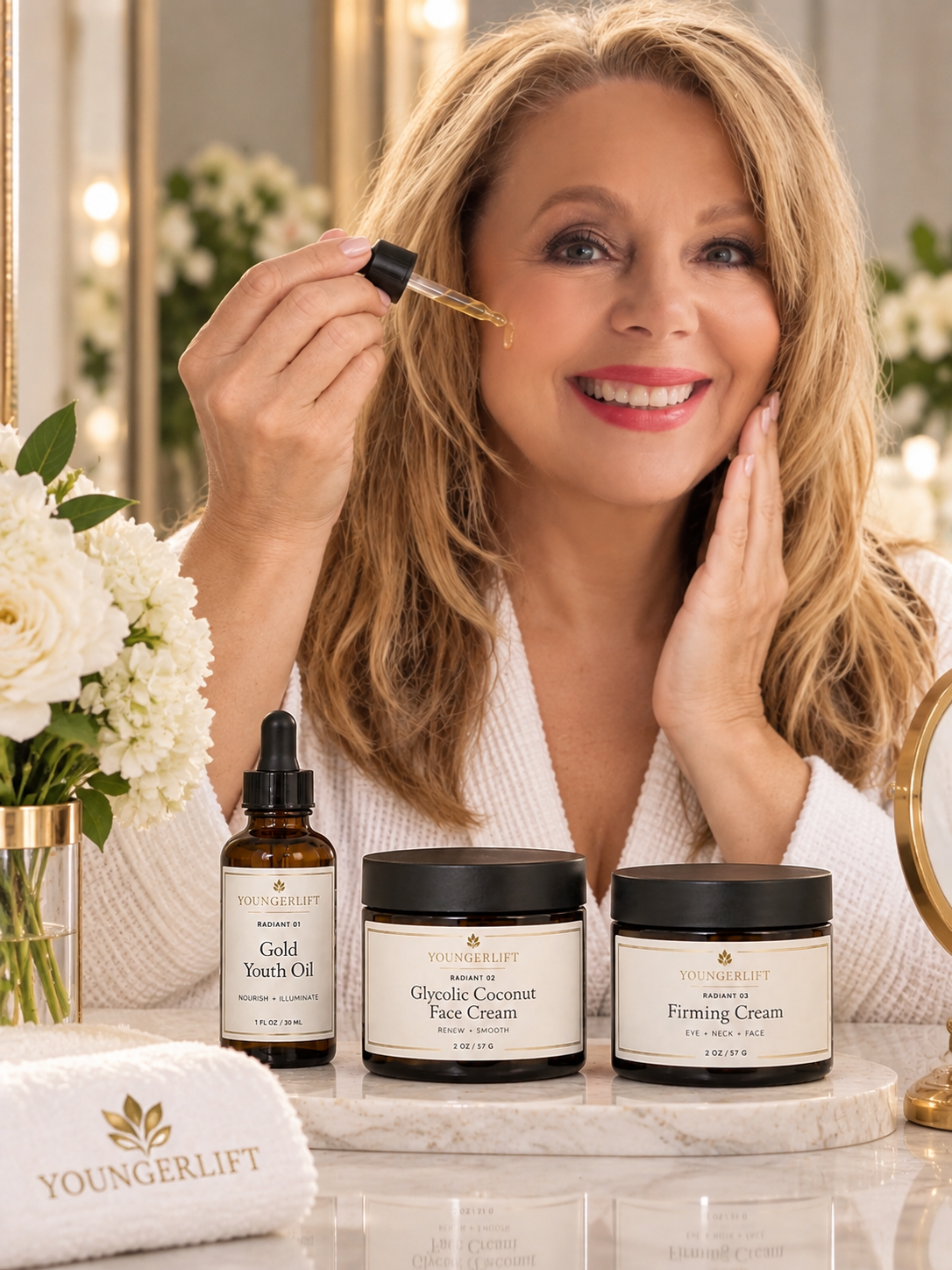 Debbie Kroeze, founder of YoungerLift, with her skincare products