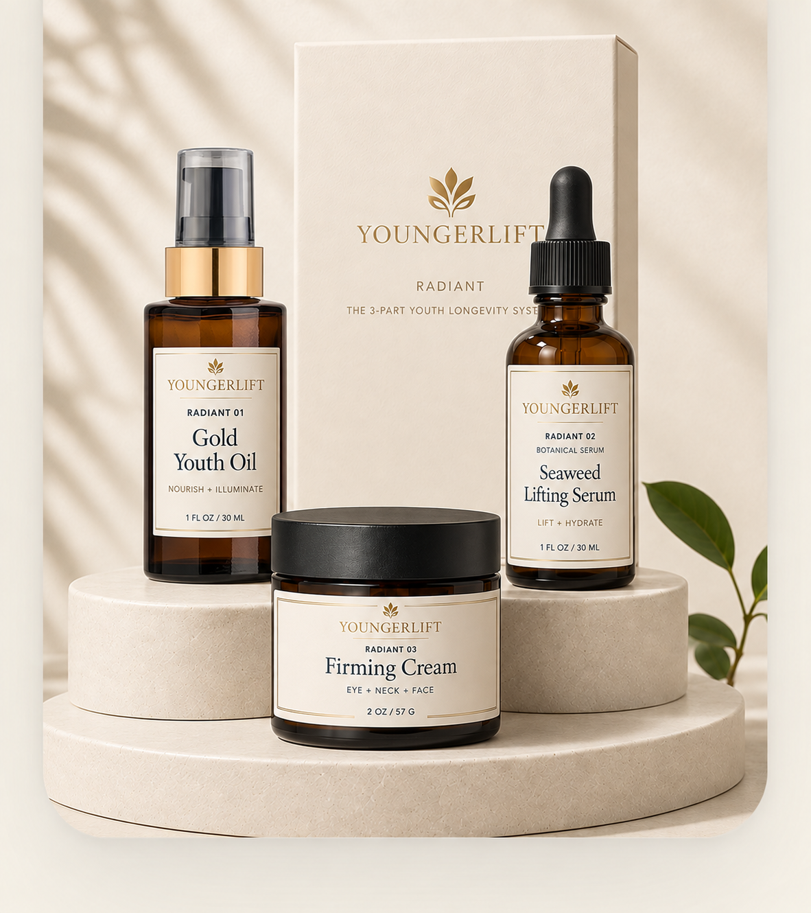 YoungerLift Radiance System: Gold Youth Oil, Seaweed Lifting Serum and Firming Cream in cream, black and gold packaging